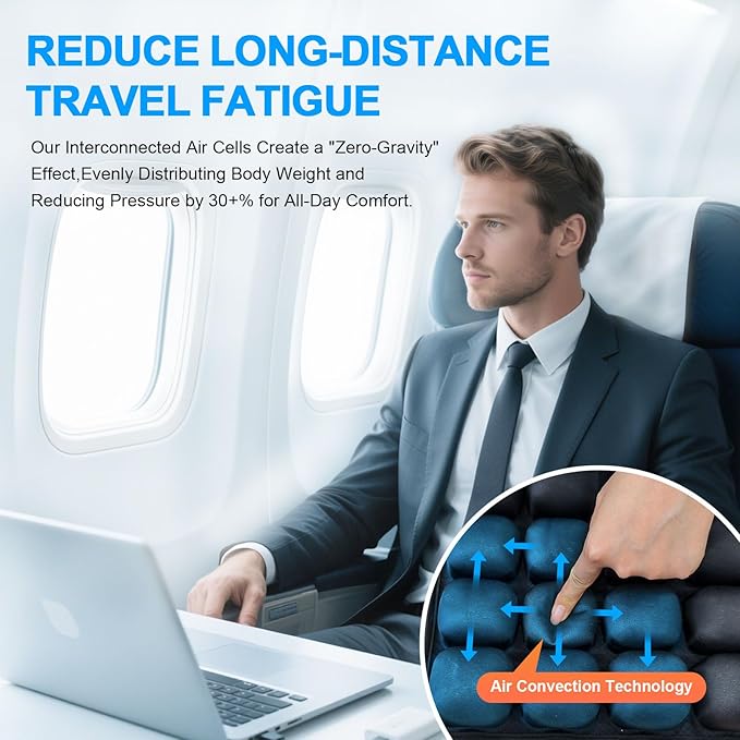 Travel Seat Cushion, Comfortable 3D Inflatable Seat Cushion for Hemorrhoid and Tailbone Pain Relief, Optimal Support for Long Sitting in Car, Air Travel, Office Chairs Etc (Black, 16" x18")