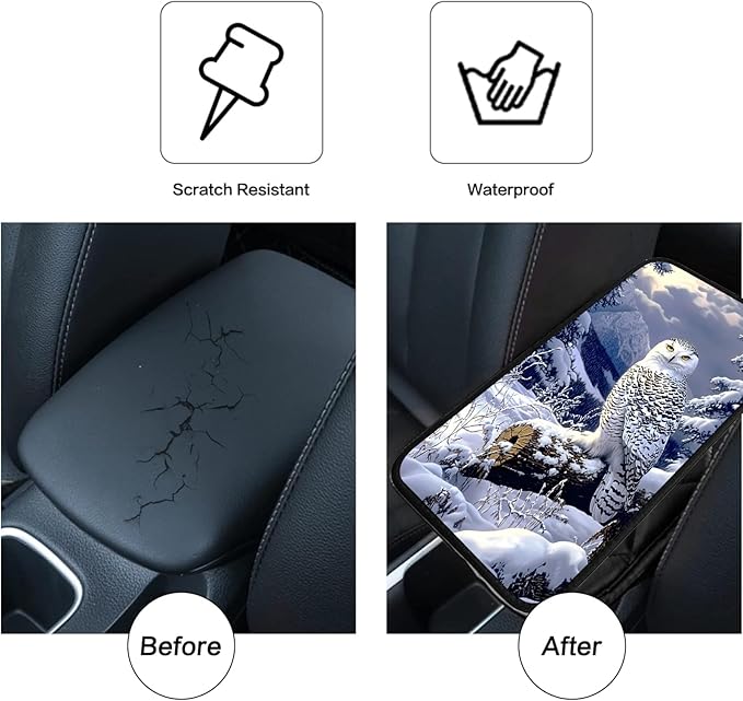 JANENFNA Car Armrest Cover Pads Universal Fashion Cute Auto Center Console Armrest Cover Pad with 2PCS Car Coasters Soft Waterproof Car Armrest Seat Protector for Women,Snowy Owl