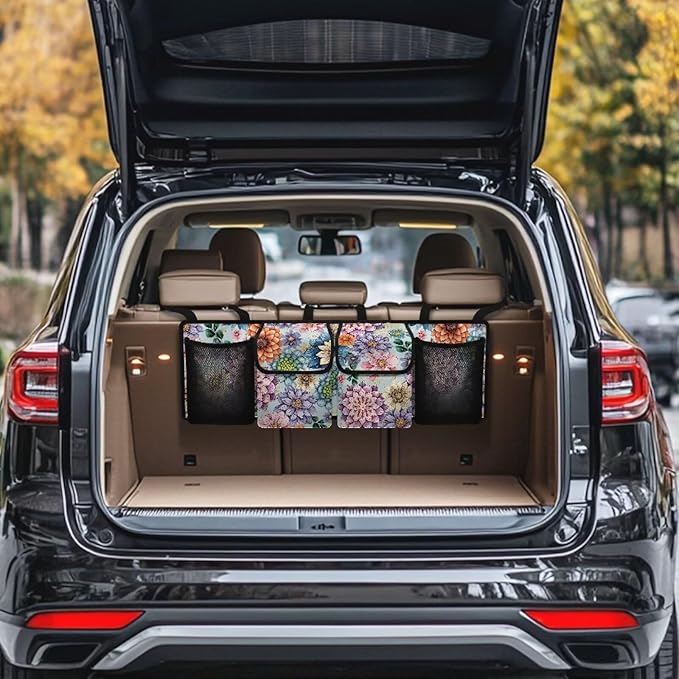 CLOHOMIN Boho Flowers Car Trunk Organizer for Sedan Organizers and Storage with 4 Pockets Hanging Back Seat Organizer Car Storage Accessories Interior