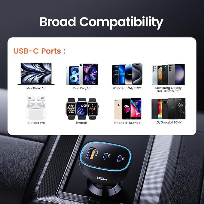 80W USB C Car Charger, 3-Port Cigarette Lighter USB Charger Adapter, QC&PD Type C Car Charger Adapter Fast Charging for iPhone 15/14/13/12 Pro Max Samsung Galaxy S23/22/21 Pixel iPad Pro