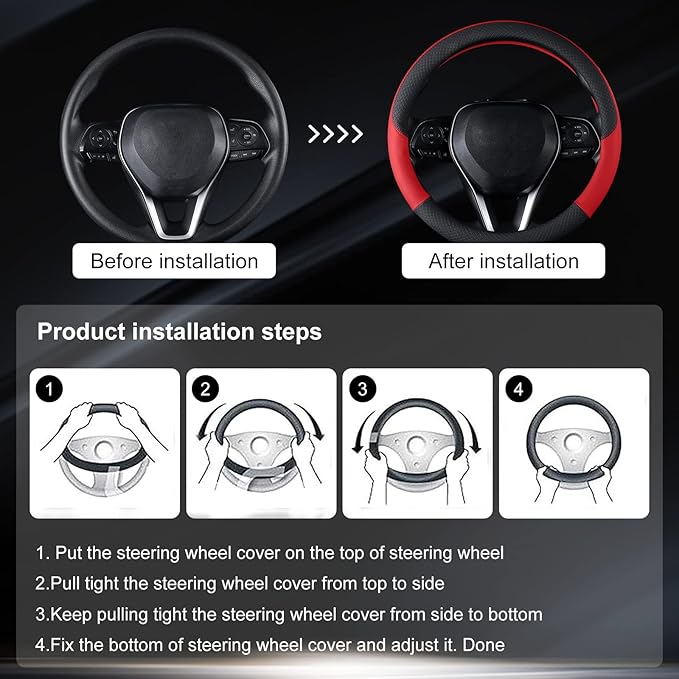 Auto Car Leather Steering Wheel Cover Anti Slip Wrap 15" (Red)