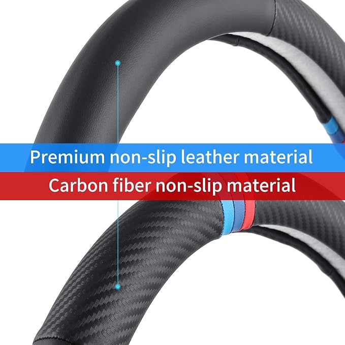 Car Carbon Fiber Steering Wheel Cover Sports Leather Non-Slip Universal 15 Inch Steering Wheel