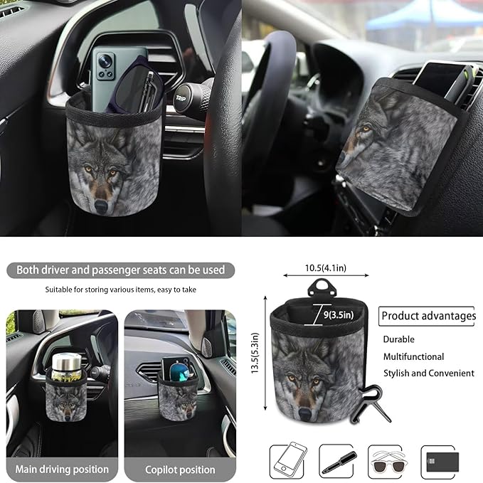 Wolf Printed Car Interior Cover Sets, Car Front Rear Seat Cover with Steering Wheel Protector Coaster Trash Can Air Vent Storage Bag, Universal Fits Auto Interior Accessories