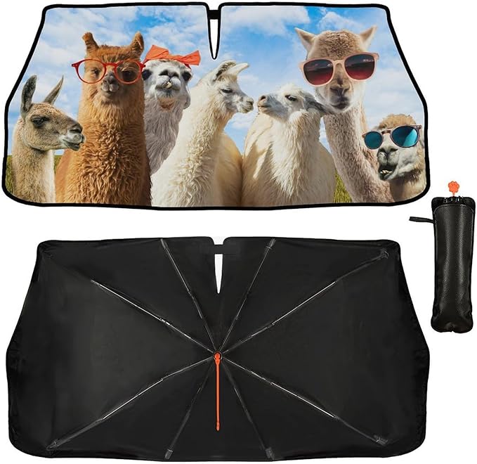 DOPINDU Llama Alpaca Car Windshield Sun Shade Umbrella Bendable Handle Foldable Funny Sunshade for Car Windshield Block UV Rays Keep Vehicle Cool for Most Sedans SUV Trucks Cars 57"x30"