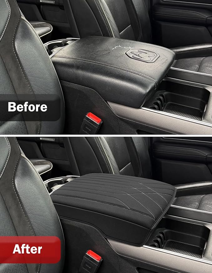KBH Center Console Armrest Cover for 2019-2026 Dodge Ram 1500 2500 3500 5th Gen, Floor Console Bucket Seat, Arm Rest Cushion Pad Protector, Vinyl Leather, Black-Gray Stitches