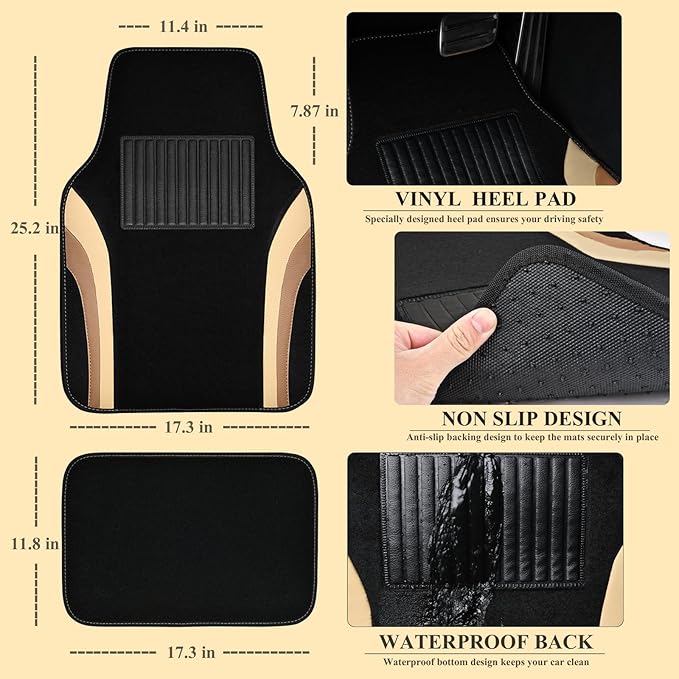 CAR PASS Beige Leather Car Floor Mats, Sporty Waterproof Car Carpet,Universal Automotive Floor Mats Fit for Sedans, Cars, Mid Trucks, Vans, SUV, Set of 4 (Black and Beige)