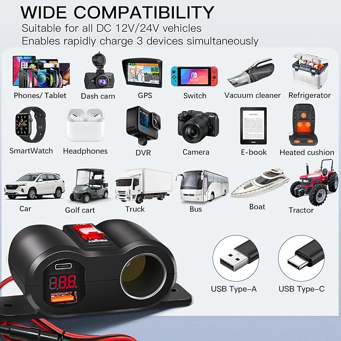 Dual USB Outlet 12V Cigarette Lighter Socket with Switch, PD3.0 USB C and QC3.0 USB Port Car Charger with Voltmeter, 12 Volt Power Outlet Adapter for Boat Marine Truck RV UTV Golf Cart
