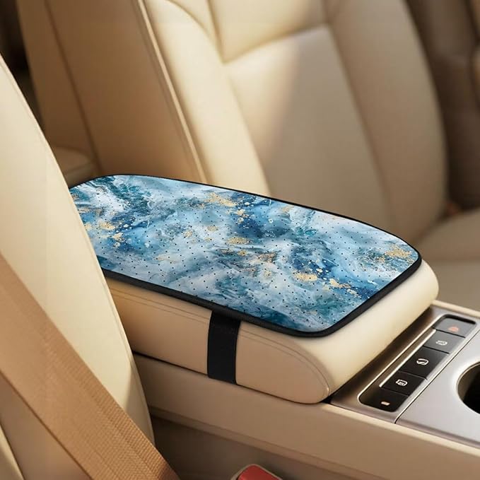 Qeluxign PU Leather Car Seat Covers Set - Includes 2 Seat Protectors, 2 Shoulder Pad Covers, 1 Armrest Cover for Car Decoration,Blue Gold Marble