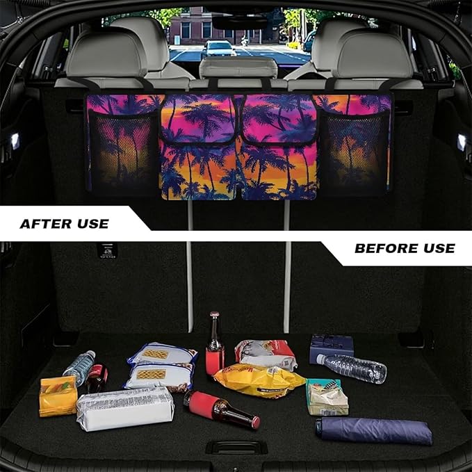 Summer Sunset Car Trunk Organizer Coconut Palm Trunk Hanging Storage Bag with Extra Storage Space for SUVs,Trucks,Vans