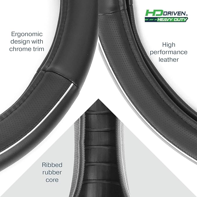 HD Driven SWC Premium Black Leather Steering Wheel Cover – 18” Diameter for Semi-Trucks, Ribbed Rubber Core & High-Performance Leather, Vehicle Accessories