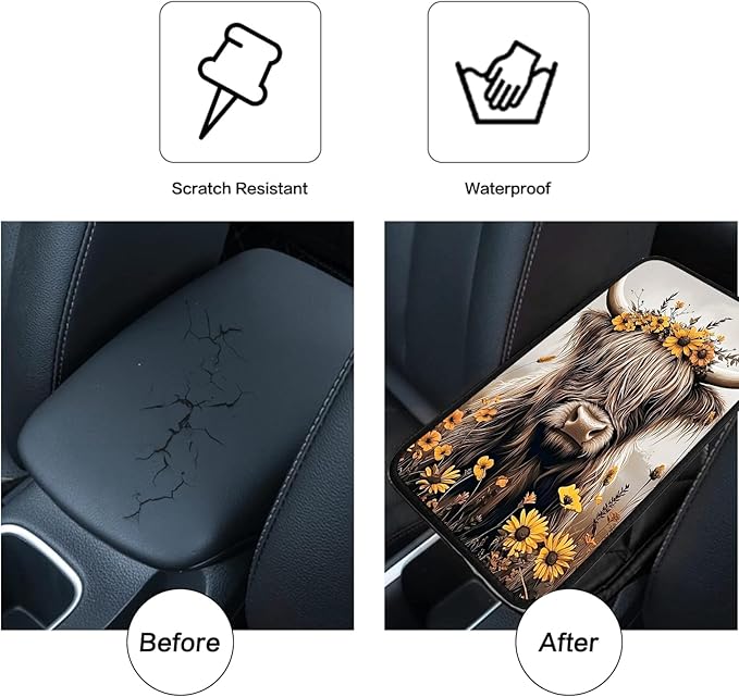 JANENFNA Car Armrest Cover Pads Universal Fashion Cute Auto Center Console Armrest Cover Pad with 2PCS Car Coasters Soft Waterproof Car Armrest Seat Protector for Women,Cow Flower Crown