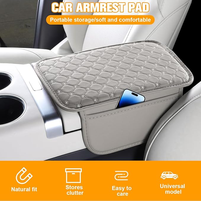 Bling Car Center Console Cover, Leather Crystal Rhinestone Vehicle Armrest Cushion Pad with Side Storage Bags, Scratch Resistant Auto Middle Console Protection Mat, Universal Fit (Gray)