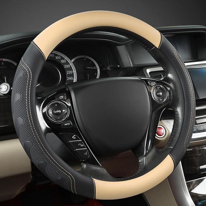 GIANT PANDA Microfiber Leather Steering Wheel Cover for Honda Accord,Civic,CR-V,HR-V,Pilot(Black+Beige-Standard Size)