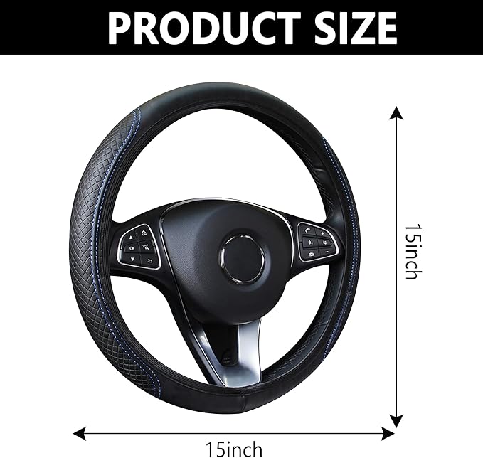 Leather Steering Wheel Cover,Anti Slip Car Steering Wheel Cover for Car Decorations & Steering Wheel Protections,Universal 15Inch Wheel Cover Car Interior Accessories for Men & Women (Black+Blue)