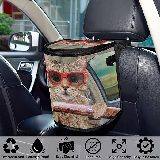 Fun Cute Cat Driving Car Trash Can Car Garbage Bag with Lid Hanging Waterproof Leak Proof Vehicle Storage Bin