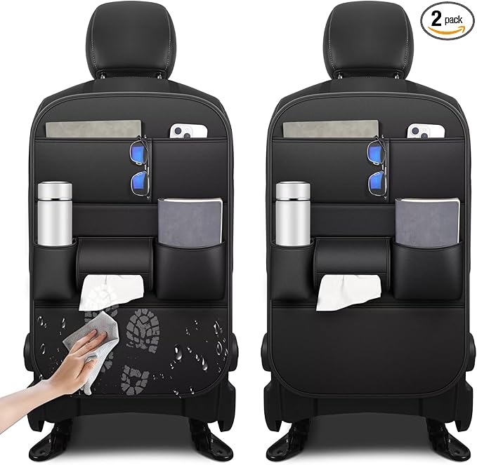 NUWQICD Back Seat Protector 2 Pack Fit For Ford F150 Car Kick Mats With Cup And Tissue Storage with Storage Organizer Waterproof Dirt Proof Faux Leather Auto Accessories For Kids(1 Pair Black)