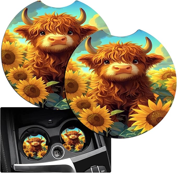 JANENFNA Car Armrest Cover Pads Universal Fashion Cute Auto Center Console Armrest Cover Pad with 2PCS Car Coasters Soft Waterproof Car Armrest Seat Protector for Women,Sunflower Highland Cow