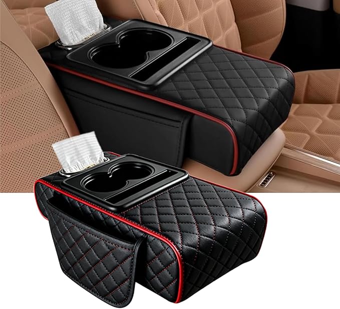 AHFBF Multifunctional Pu Leather Car Armrest Box Mat, Armrest Box Pad for Car, Leather Car Armrest Box Pad with Cup Holders, Car Armrest Box Mat, 5-in-1 Car Center Console Cover (Black-Red)