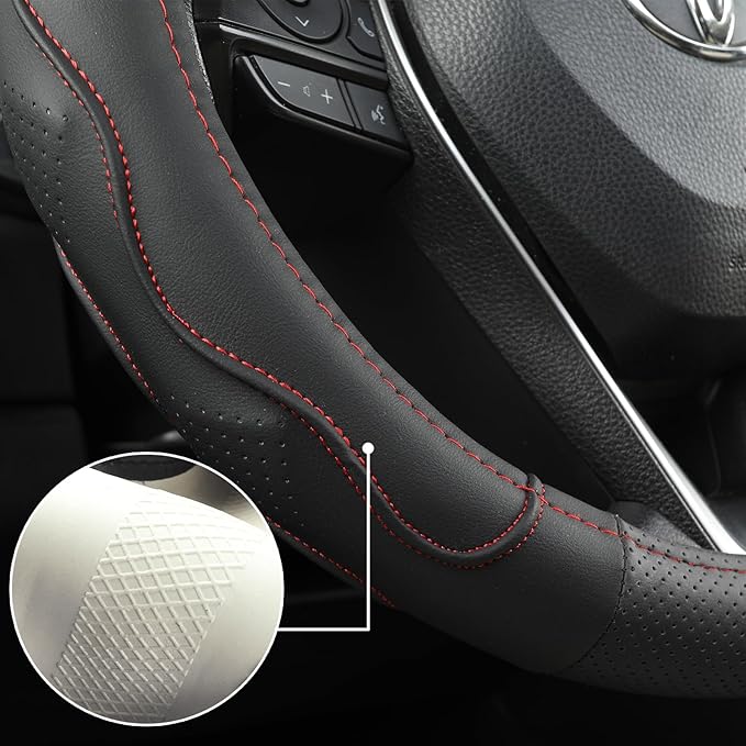 West Llama 3D Texture Steering Wheel Cover for Toyota, Anti-Slip Design, Premium Leather, Custom Fit for 14.5-15 inch, Stylish Interior Decoration(Black+Red Line-Standard Size)