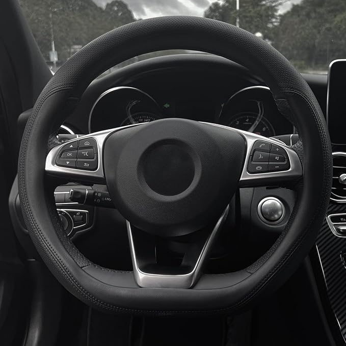 Mihecor D Shaped Steering Wheel Cover, Flat Bottom Car Wheel Cover 14-14 1/4 inch (35.5-36 cm), for Tesla Model 3 / Y, for Camaro, Breathable Microfiber Leather, Black