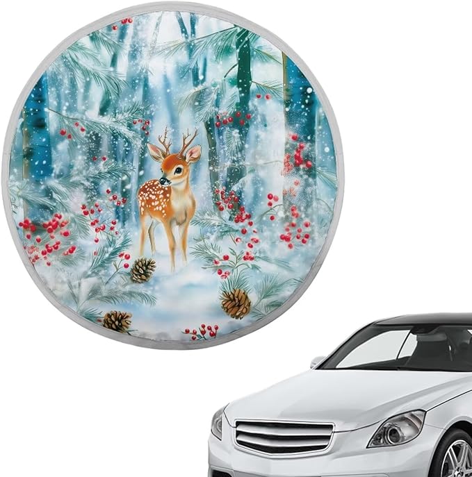 Christmas Sika Deer Cone Forest Pattern 17x17 inch Steering Wheel Sun Shade Cover Steering Wheel Sun Heat Shield Universal Block UV Rays Car Rudder Visor for Car SUV Truck Van