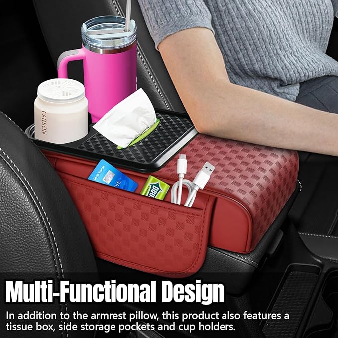Hovom Car Center Console Armrest Pillow, 13.78"×7.48"×2.76" Leather Arm Rest Cover for Cars, Multifunctional Auto Armrest Cushion Pad with Pocket, Tissue Box & Cup Holder, Car Accessories (Wine Red)