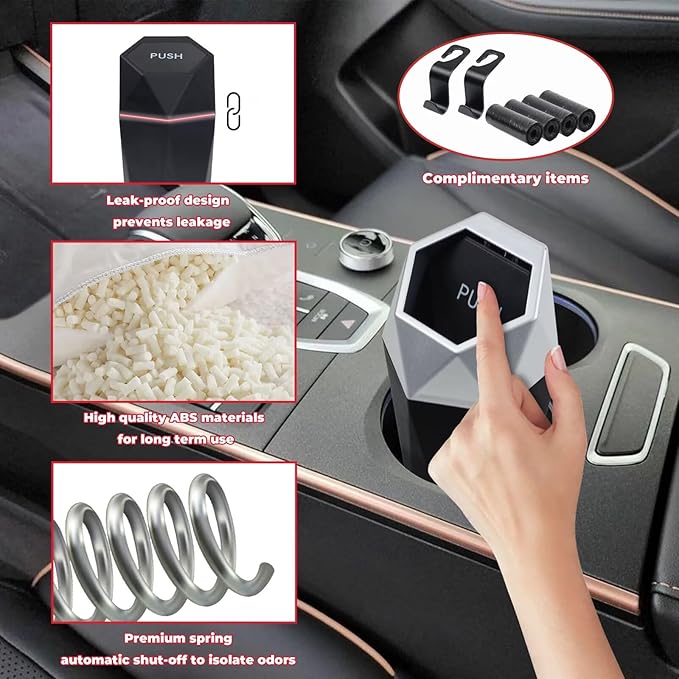 Car Trash Can, Car Trash Bin with Lid, Car Accessories for Women Interior, Car Garbage Can with Additional 2 ABS Hooks and 60pcs Trash Bags, Suitable for Home, Office, Car Organizer, Black