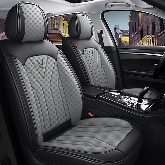 Car Seat Covers Full Set 3D Foam Back Support, 2 Front Seats Universal Fit for Most Cars, Nappa Leather Car Seat Cushion Super Breathable, Storage Bags, All Season, Black Ash Car Seat Cover