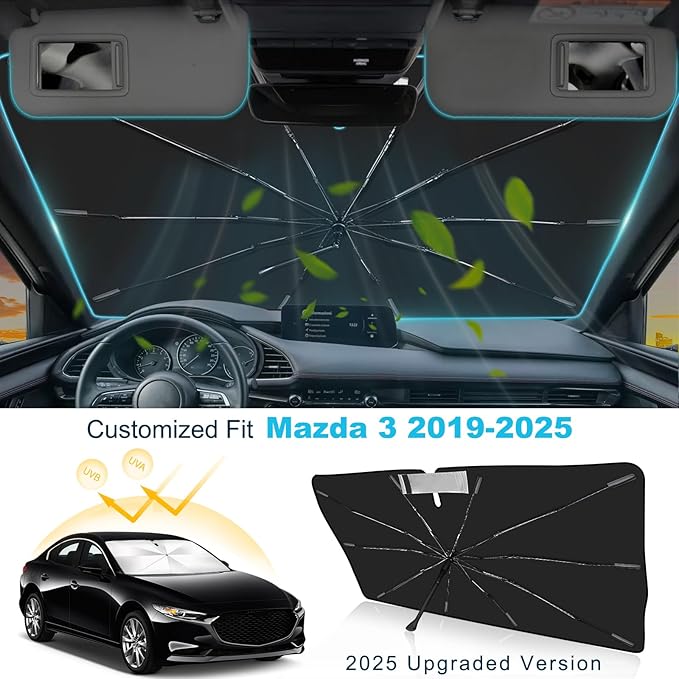 2025 Upgrade Windshield Sun Shade Umbrella Custom Fit for Mazda 3 Accessories 2019-2025 2026 Mazda3 Hatchback/Sedan Emergency Rain Shield & Dashboard Protector - Durable Auto Accessory