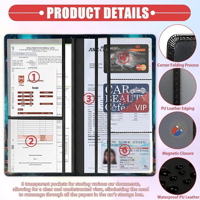 Car Document Holder with Magnetic Shut, Car Registration & Insurance Card Holder, PU Leather Glove Box Organizer Vehicle Accessories Driver License for Women/Men, Magic Psychedelic Mushroom