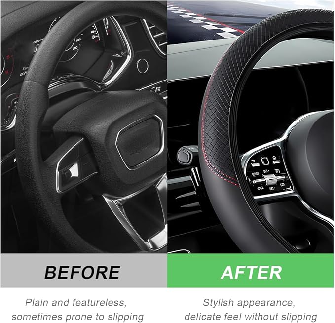 Car Steering Wheel Cover, 15 Inch Carbon Fiber Leather Stitching Color Steering Wheel Protector, Anti-Slip Elastic Breathable Steering Wheel Cover Stylish Decor for Most Cars (Black, AD)