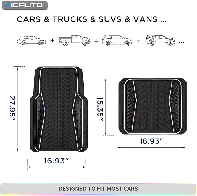 PIC AUTO Car Floor Mats, Black Aluminum-Molded with Full-Circle Iridescent Inlay Strip Car Mats, Universal-Fit Rubber Mats for Cars, Trucks & SUVs, All-Weather, Non-Slip, Easy-to-Clean Interior Mats