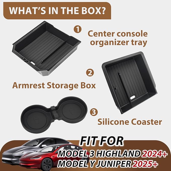 LEQEE Center Console Organizer Tray for Tesla Model Y Juniper Accessories 2025 2026 and Model 3 Highland Accessories 2024 2025 2026 for Tesla Accessories Cup Holder Matte Black (3PCS)