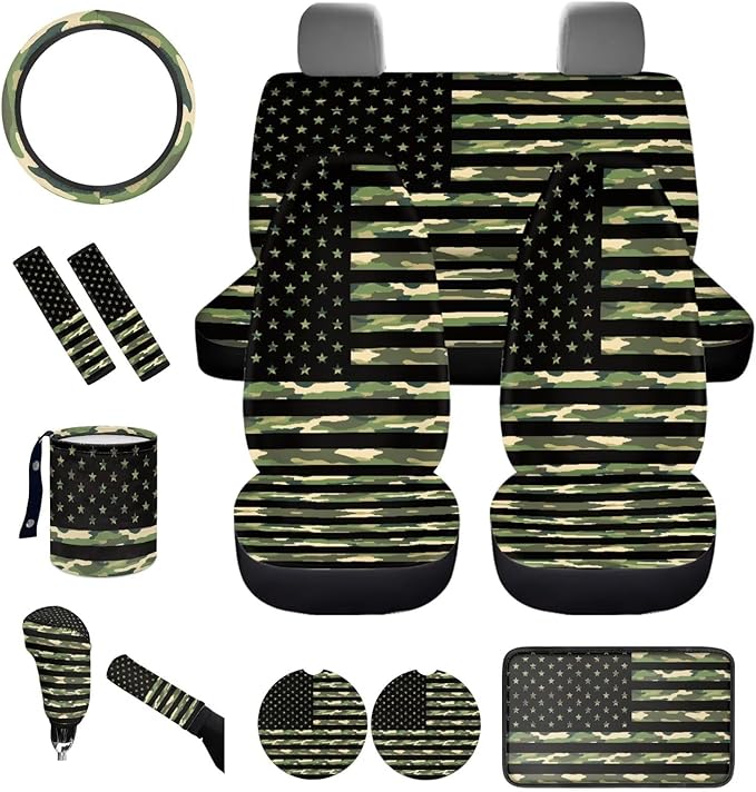 Dngkaoje Camo American Flags Car Seat Covers Full Set 13 Pcs 4th of July Decorations Car Accessories Set with Hanging Trash Can,Seatbelt Pads,Steering Wheel Covers,Fit for Most Truck SUV