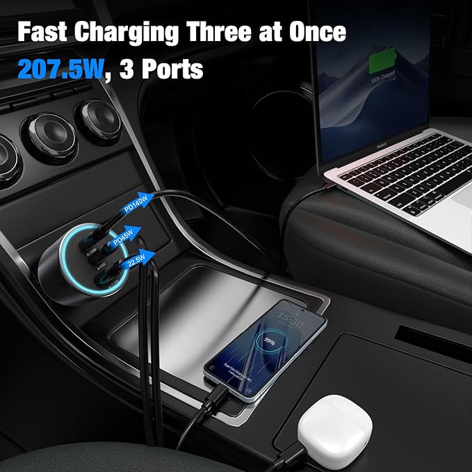 140W USB C Car Charger, Super Fast Charging for iPhone 17 Pro Max/16/MacBook Pro/Air/Samsung S25, Drone, Laptop, Starlink Mini, PD3.1&PPS 45W Type C Cigarette Lighter Adapter with a 100W E-Mark Cord