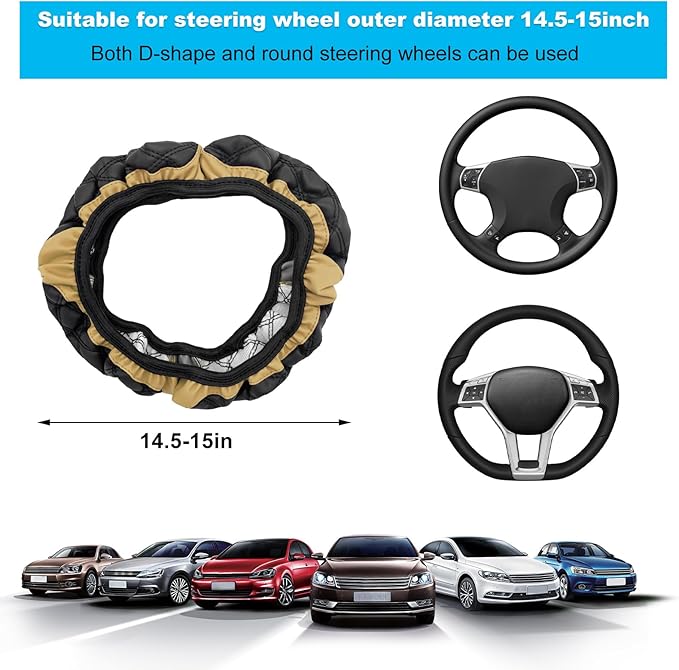 Car Steering Wheel Cover, 15 Inches Non-Slip Leather Car Steering Wheel Protector, Universal Steering Wheel Soft Cover Mats for Car Truck SUV, Interior Car Accessories (Beige)