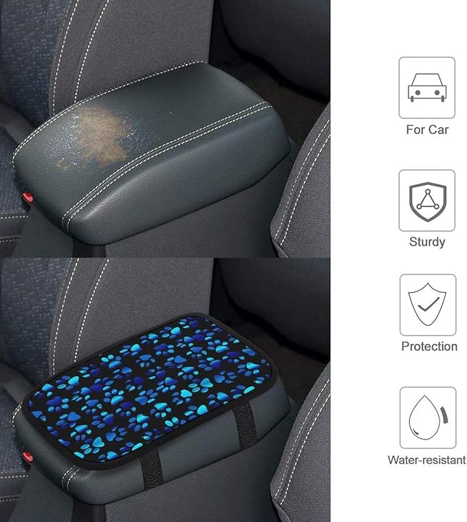 Blue Paw Print Car Center Console Cushion Pad,Waterproof Armrest Seat Box Cover Protector,Comfortable Car Decor Accessories Fit for Most Cars, Vehicles, SUVs