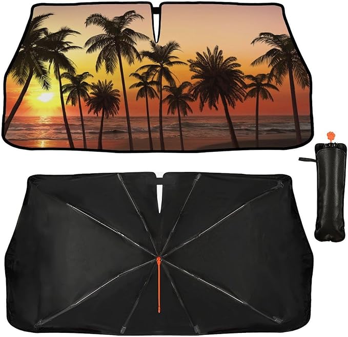 DOPINDU Sunset Palm Tree Car Windshield Sun Shade Umbrella Bendable Handle Foldable Funny Sunshade for Car Windshield Block UV Rays Keep Vehicle Cool for Most Sedans SUV Trucks Cars 57"x30"
