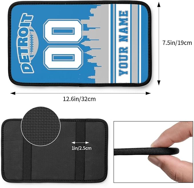 Custom Detroit Car Armrest Covers Personalized Football Style with Name Number Customized Auto Center Console Pad Car Handrail Box Cushion for Most Vehicle Decor Accessories, Fans Gift
