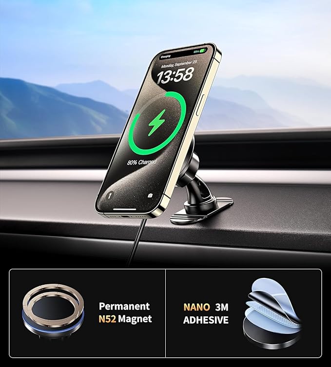 for iPhone 17 Magsafe Car Mount Charger, [2026 New] 15W 2in1 Magnetic Wireless Car Charger, fits for Magsafe Car Charger, Vent/Dashboard Phone Holder Mount for iPhone 17 16 15 14 13 12 Series