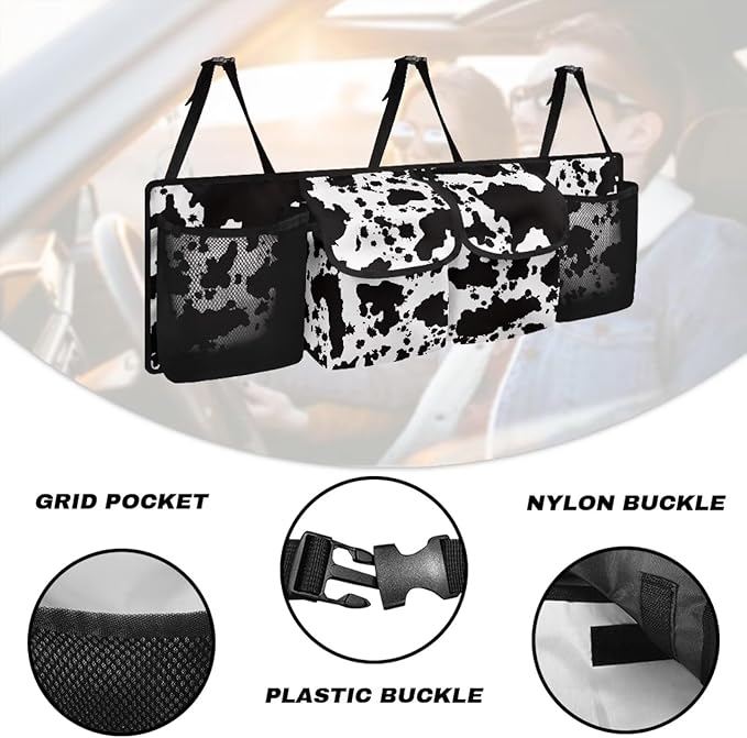 Cow Print Car Trunk Organizer and Storage Backseat Hanging Organizer, Washable Car Accessories Oxford Cloth Space-Saving Backseat Car Organizer for SUV/MPV/Truck/Sedan/Van