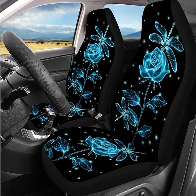 Dngkaoje Blue Rose Dragonfly Car Seat Cover Full Set for Front and Back,13 Pcs Automotive Accessories Set Romantic Rose Print Armrest Cover Protector, Seat Belt Pads,Handbrake Shift Covers