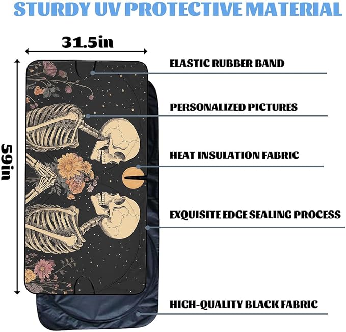 Skeleton Flowers Car Window Sun Shield Retro Gothic Starry Sky Comics Front Window Sun Shade Blocks UV Rays Sun Visor Protector for Car Sedan Truck SUV Accessories