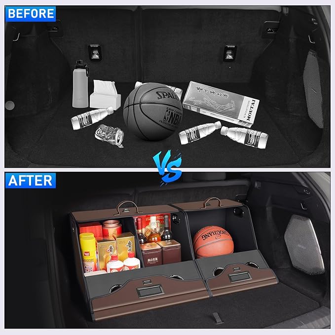 HOLDCY Car Trunk Organizer - Waterproof & Easy to Clean – Expand Your Storage Space - Adjustable Compartments and Foldable Trunk Organizer Fits Cars, SUVs, Trucks (Brown, 14.90'' x 13.77'' x 13.77'')