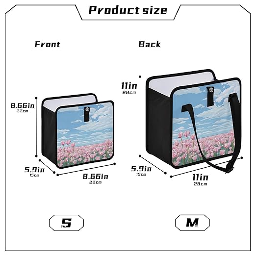 Car Trash Can Organizer Bin with Adjustable Strap for Back Front Seat Console Waterproof Leakproof Collapsible Portable 11 Inch Pink Tulip Field and Blue Sky