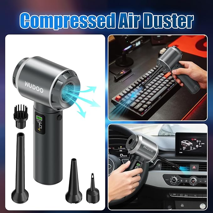 WUDOO-5-in-1 Car Vacuum Cleaner Portable Cordless Dust Remover 20,000 Pa Powerful Handheld Cordless Charging Vacuum with Flashlight Function Supports Fast Charging and LED Display