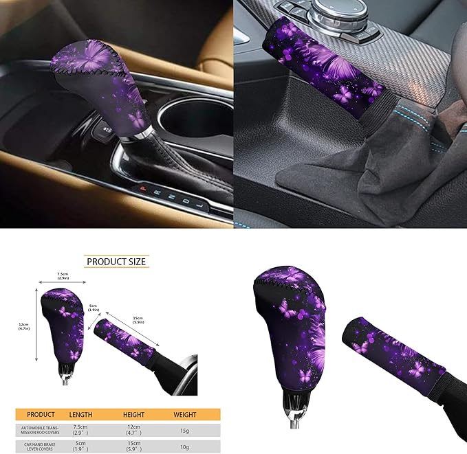 Purple Butterfly Car Decor Set for Women 6 PCS Steering Wheel Cover Cup Holder Handbrake Gear Cover Butterfly Print Car Accessories Set for SUV Truck Sedan