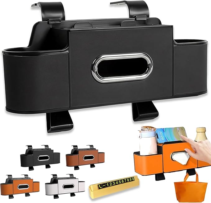 Multifunctional Car Organizer and Storage Box, 3-in-1 Car Backseat Organizer with 2 Cup Holders & Hooks, Back Seat Car Organizer for Most Vehicles, for Hold Phones/Snacks/Drinks/Handbags (Black)
