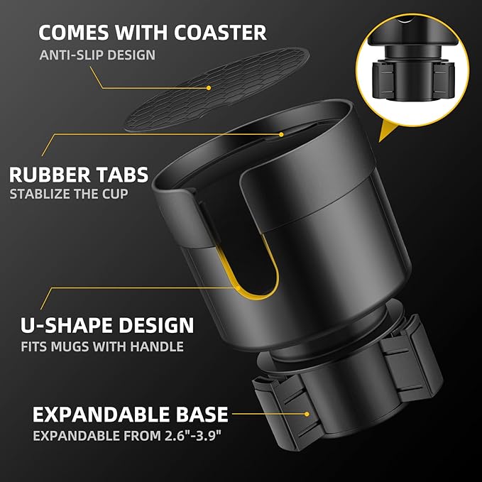 TYKOR Car Cup Holder Expander, Cup Holder Extender for Car with Adjustable Base, Fits Yeti 24/36/46oz, Hydroflask 32/40oz, Large Bottles in 3"-3.9" (16-40oz)