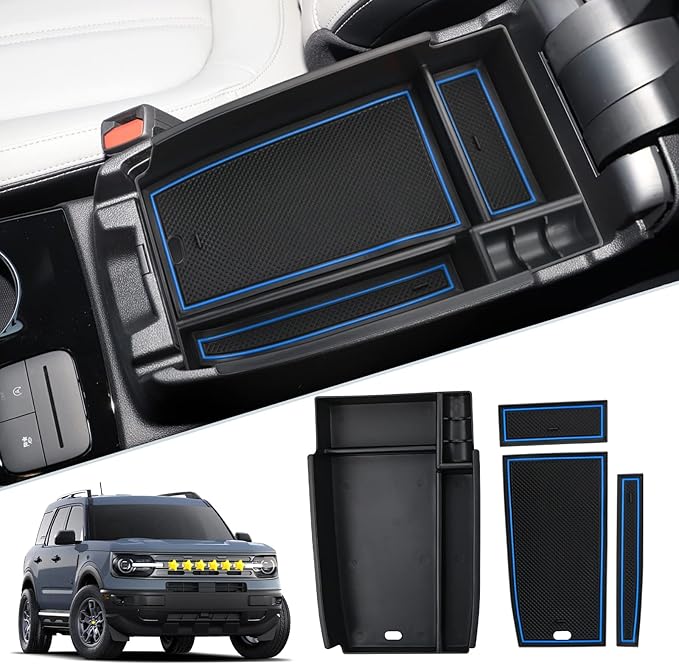 SKTU 2023 2024 2025 Bronco Sport Center Console Organizer for 2021 2022 2023 2024 2025 Ford Bronco Sport Accessories Console Tray Bronco Sport Accessories Armrest Secondary Storage Box (Blue)